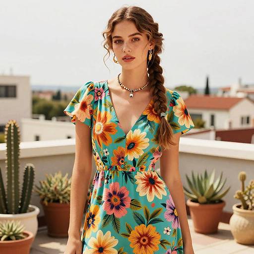 Young Woman in Turquoise Floral Dress on Rooftop with Succulents