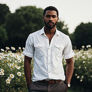 Man in White Shirt in Daisy Field