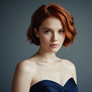 Portrait of Young Woman with Red Hair in Navy Blue Dress