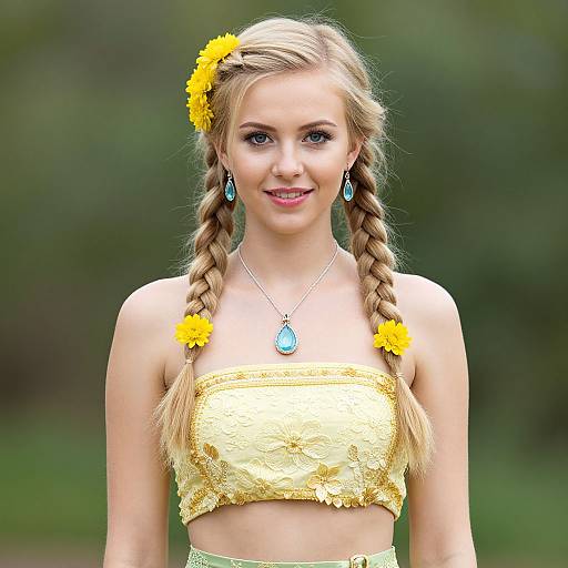 Blonde Woman with Braided Hair and Yellow Flower Embellished Crop Top