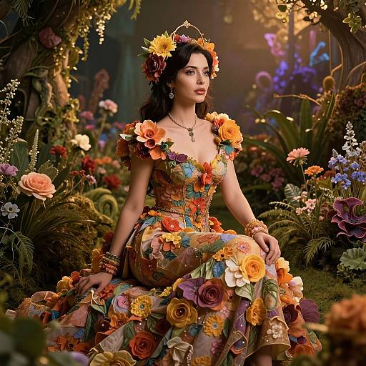 Elegant Woman in Floral Gown Sitting in Enchanted Garden