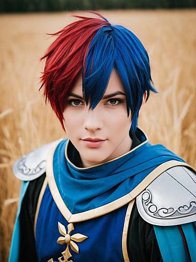 Male Cosplayer in Fire Emblem Inspired Costume with Red and Blue Hair