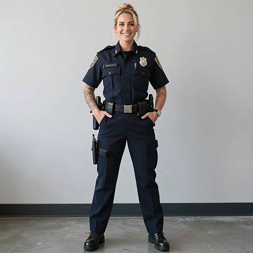 Portrait of Smiling Young Woman in Police Uniform with Tattoos