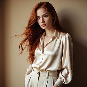 Elegant Young Woman in Cream Satin Blouse with Long Red Hair