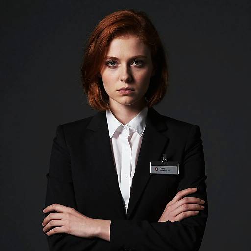 Professional Young Red-Haired Woman in Black Suit Crossing Arms