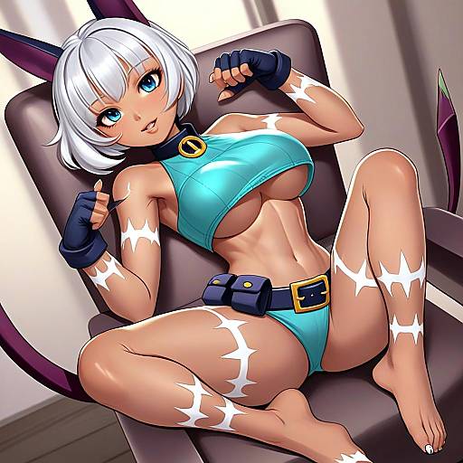 Anime Woman in Teal Outfit with Tribal Markings Relaxing on Chair