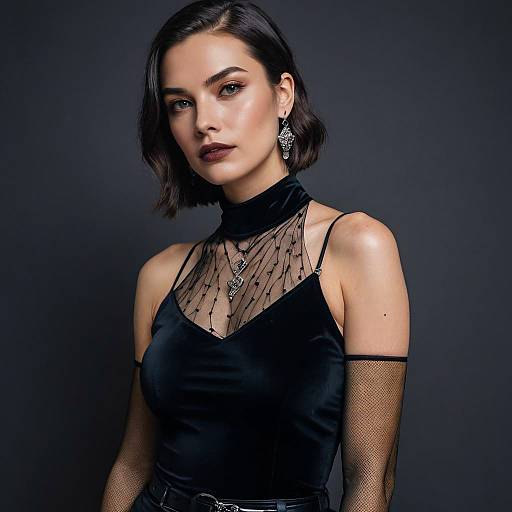 Elegant Woman in Black Velvet Dress with Sheer Mesh and Fishnet Gloves