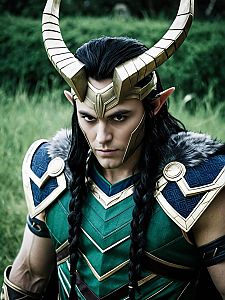 Loki Ragnarok Cosplay with Horned Helmet and Green Armor