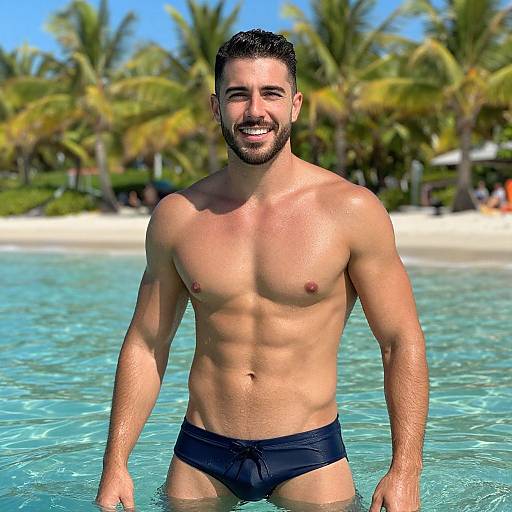 Smiling Young Man in Navy Swim Trunks at Tropical Beach