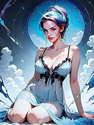 Fantasy Digital Illustration of Woman in Revealing Dress by Circular Window with Nighttime Mist