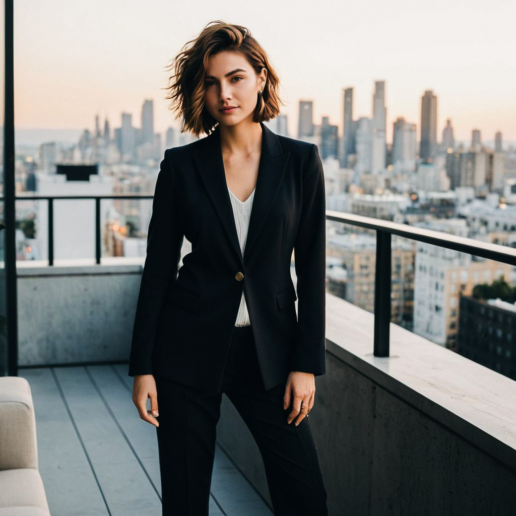 Confident Woman in Black Suit on Rooftop Terrace at Sunset