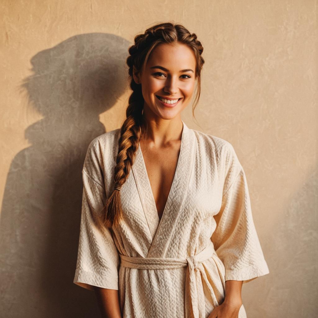 Smiling Woman with Braided Hair in Light Quilted Robe Against Beige Wall