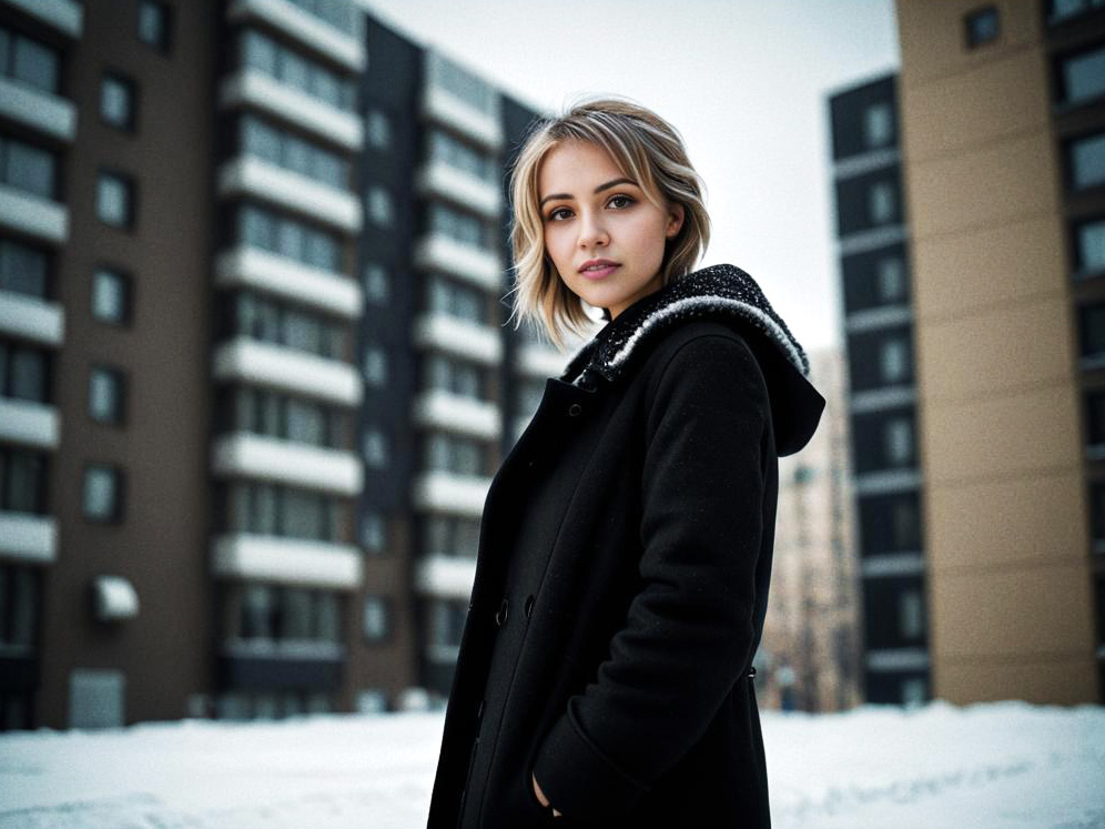 Young Woman in Stylish Winter Coat in Urban Snowy Landscape