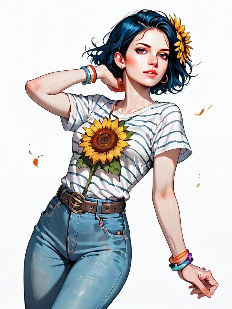 Stylish Woman with Sunflower Graphic T-Shirt and Jeans - Digital Comic Style Illustration