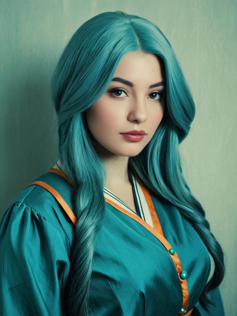 Realistic Lalah Sune Cosplay Portrait of Woman with Turquoise Hair