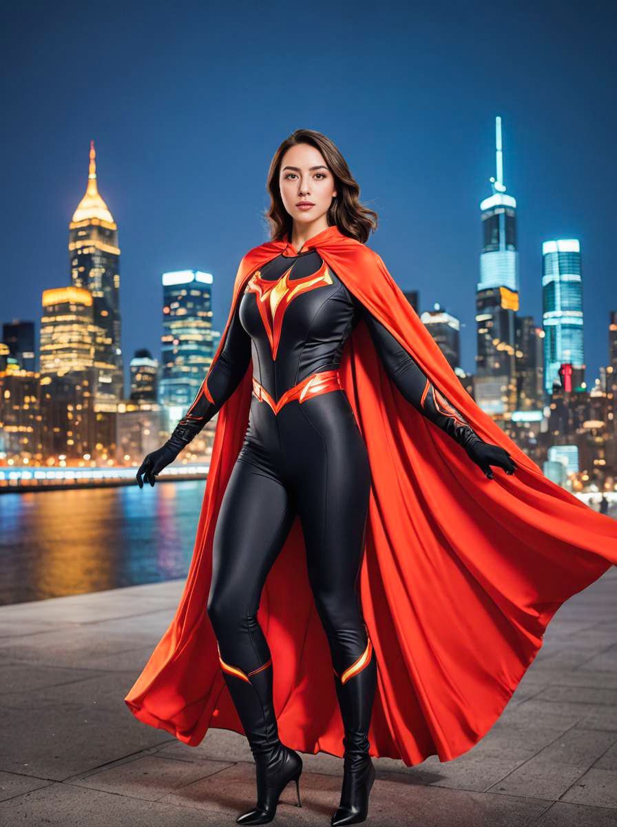 Confident Woman in Superhero Costume Against City Skyline