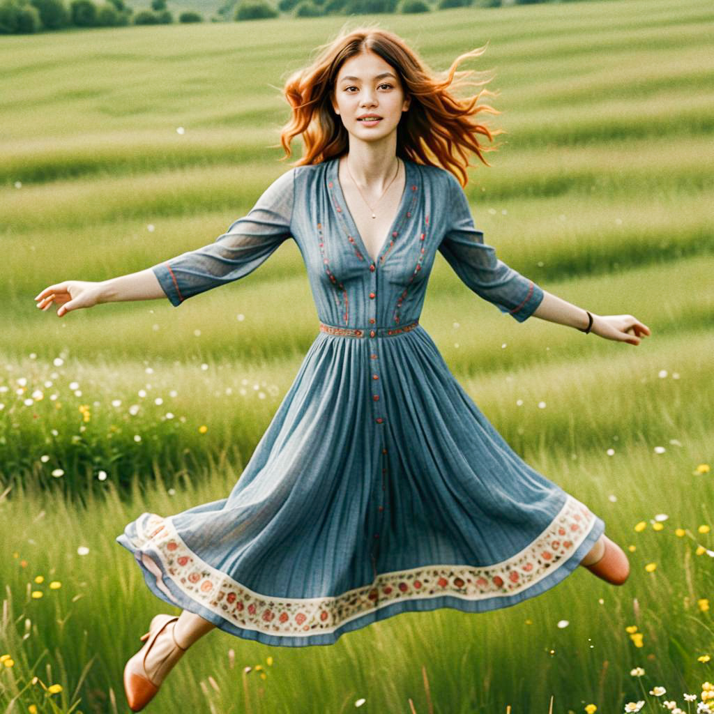 Joyful Woman Leaping in Floral Dress in Green Field