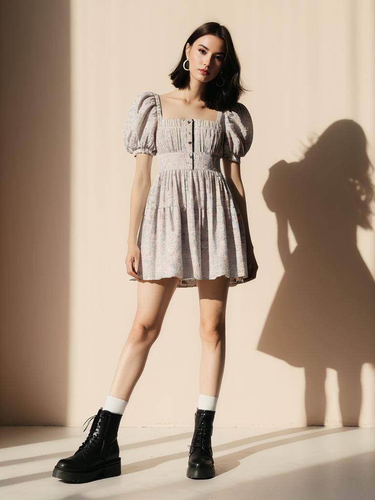 Contemporary Casual Short Flared Floral Dress with Puff Sleeves and Black Boots