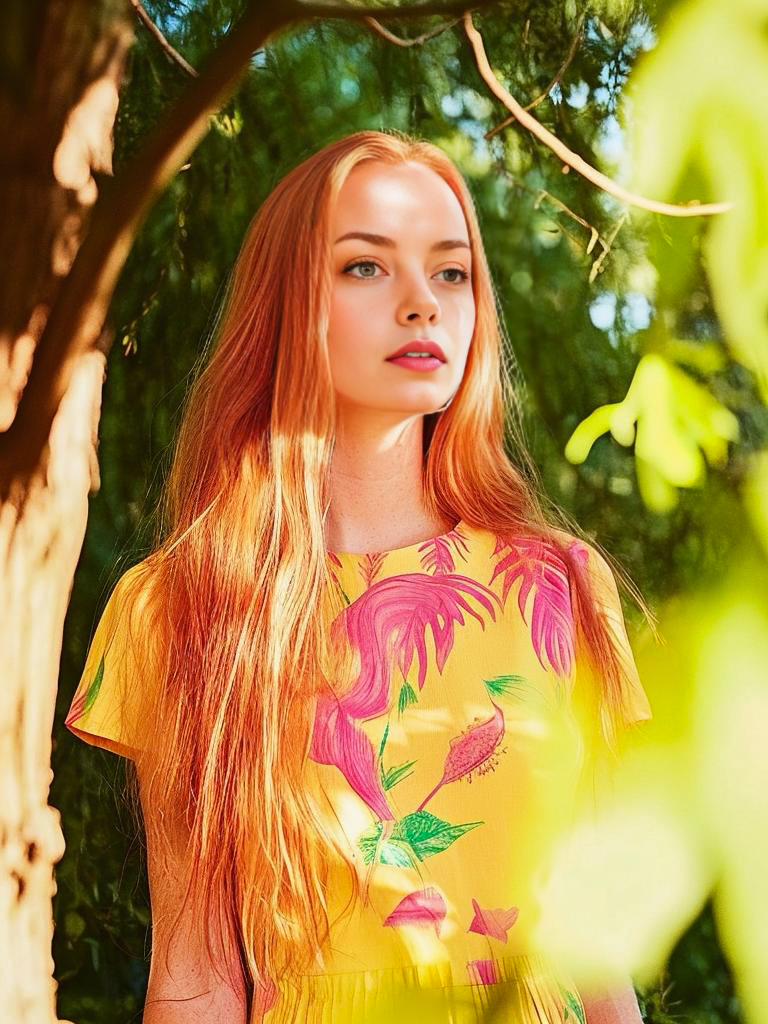 Young Woman in Yellow Dress with Red Hair in Lush Greenery