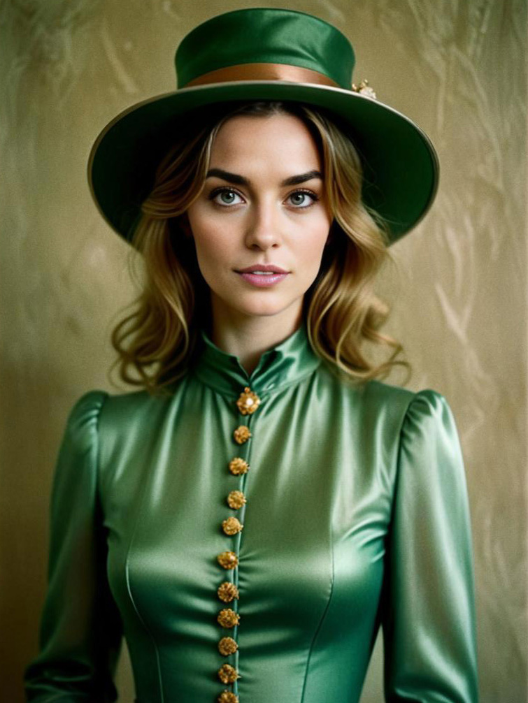 Elegant Woman in Vintage Green Costume