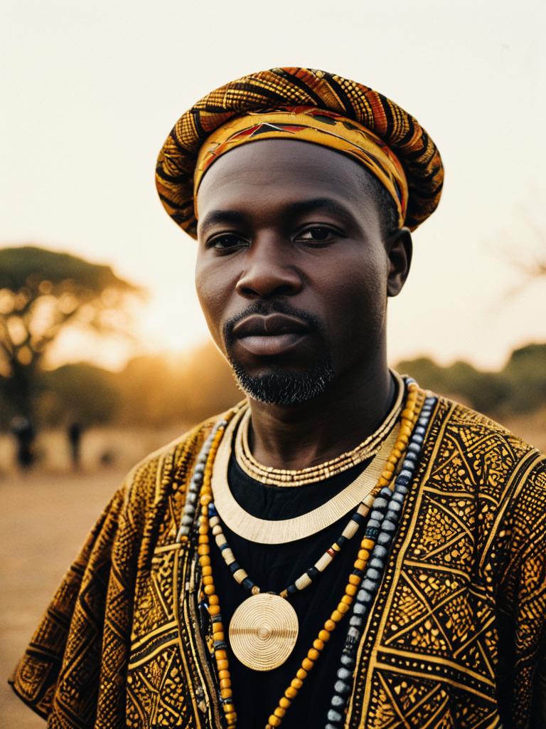 Photorealistic Portrait of Man in Traditional African Outfit at Golden Hour