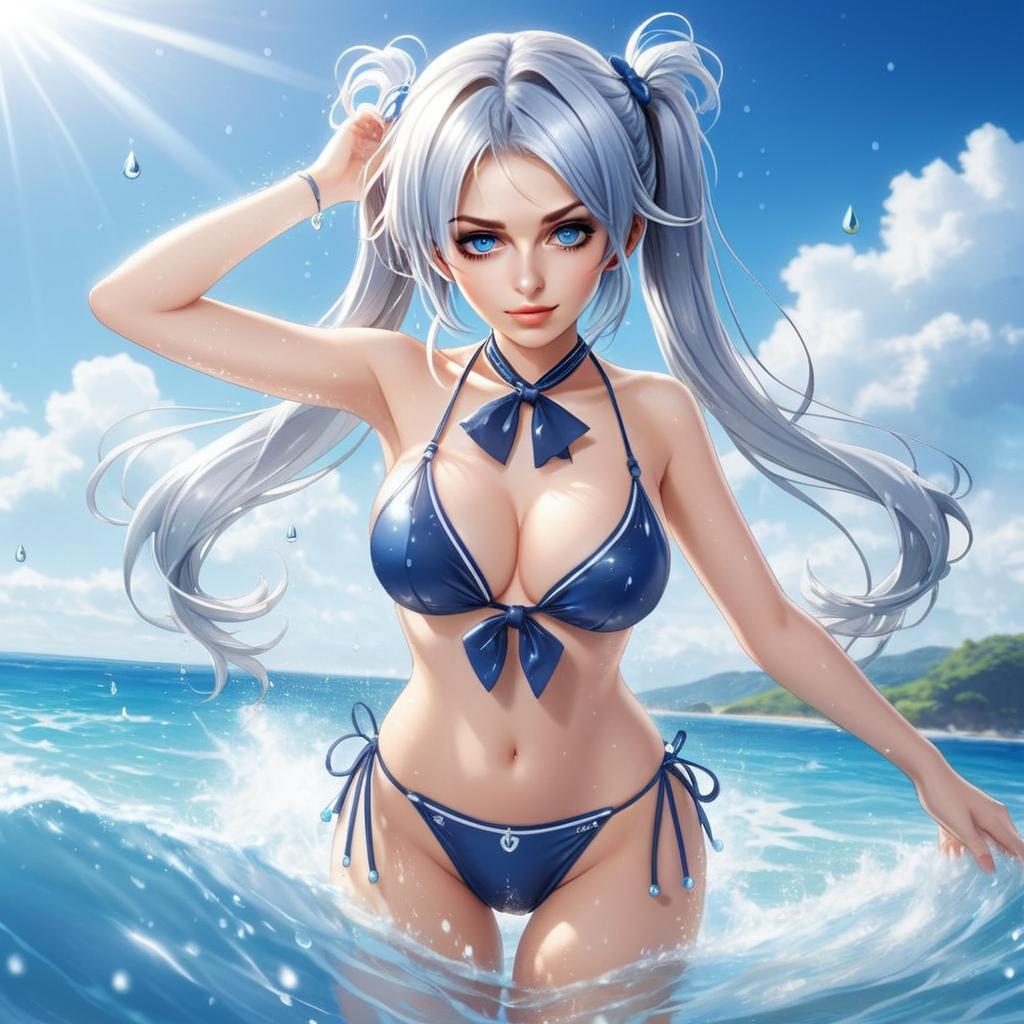 Anime Girl in Blue Bikini at Ocean Beach Digital Illustration