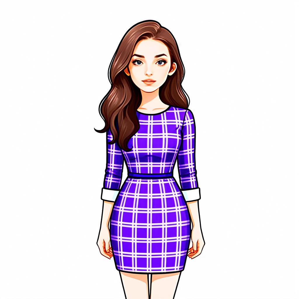 Woman in Purple Plaid Preppy Style Dress Digital Illustration