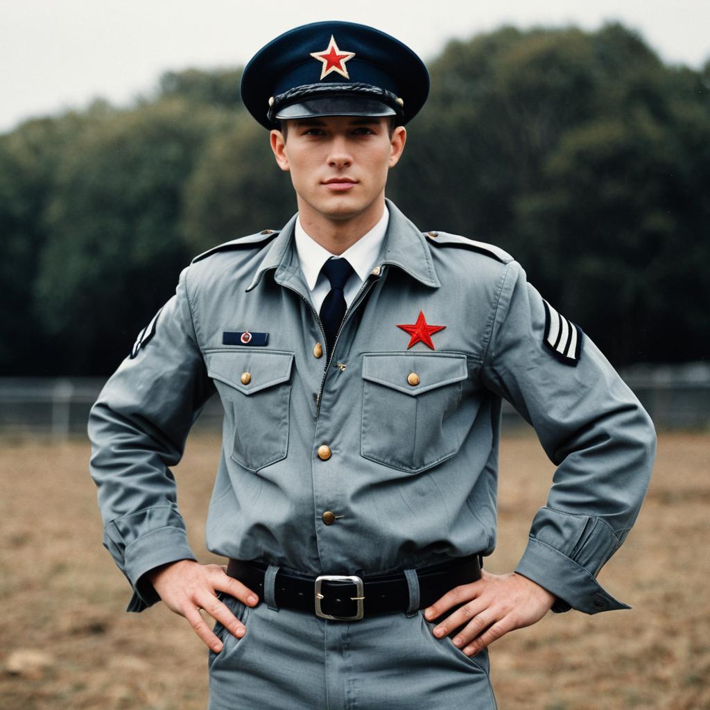 Young Man in Vintage Military Uniform with Red Star