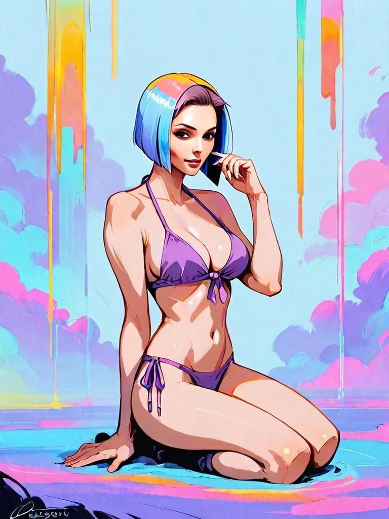 Digital Illustration of Woman in Purple Bikini with Colorful Bob Hair and Pop Art Style