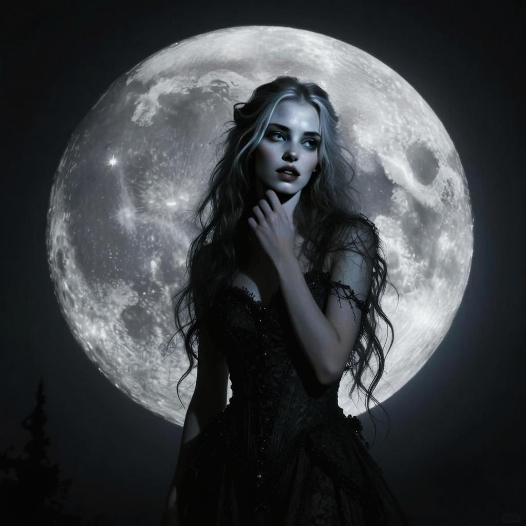 Mysterious Woman in Gothic Dress With Full Moon Background