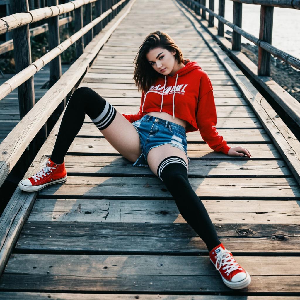 Young Woman in Red Hoodie and Thigh-High Socks on Wooden Boardwalk