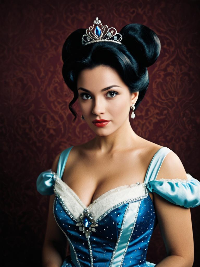 Photorealistic Glamour Portrait of Woman in Blue Disney Princess Dress with Tiara