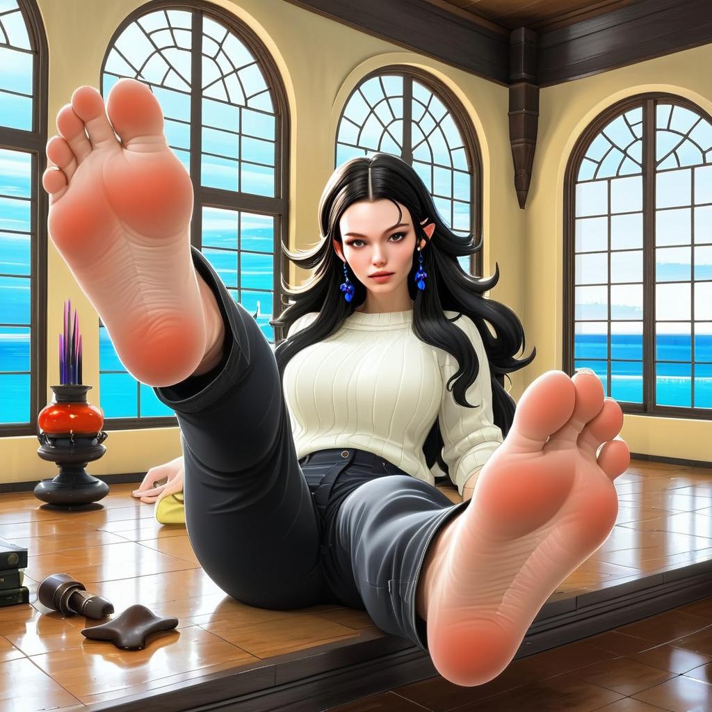 Woman with Black Hair in Bright Room Overlooking Ocean