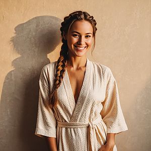 Smiling Woman with Braided Hair in Light Quilted Robe Against Beige Wall