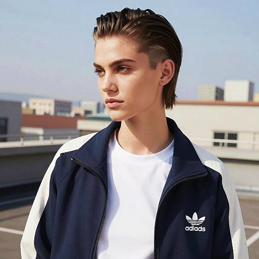 Young Woman in Navy and White Adidas Jacket Outdoor Urban Style