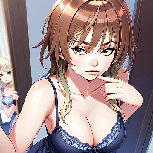 Anime Woman in Blue Lace Camisole with Blonde Woman Peeking Behind Door