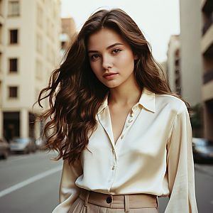 Elegant Woman in Silk Blouse and Urban Street Background