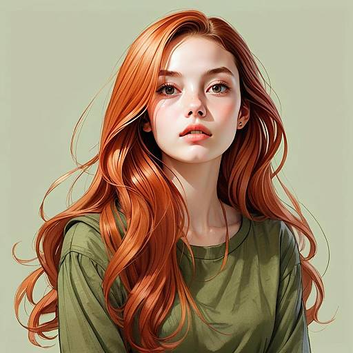 Digital Portrait of Young Woman with Red Hair in Olive Green Shirt