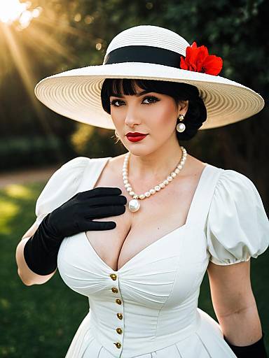 Elegant Woman in Vintage White Dress and Wide-Brimmed Hat with Red Flower