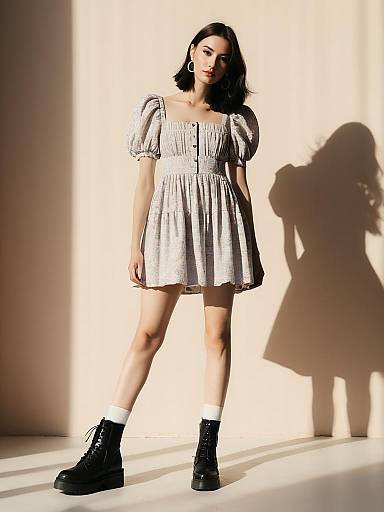 Contemporary Casual Short Flared Floral Dress with Puff Sleeves and Black Boots