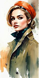 Stylish Woman in Watercolor with Orange Beret