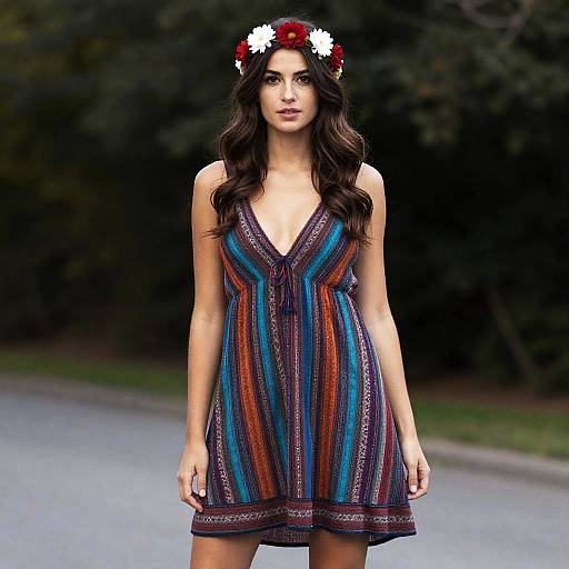 Boho Casual Outfit Woman in Colorful Dress and Flower Headband
