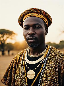 Photorealistic Portrait of Man in Traditional African Outfit at Golden Hour