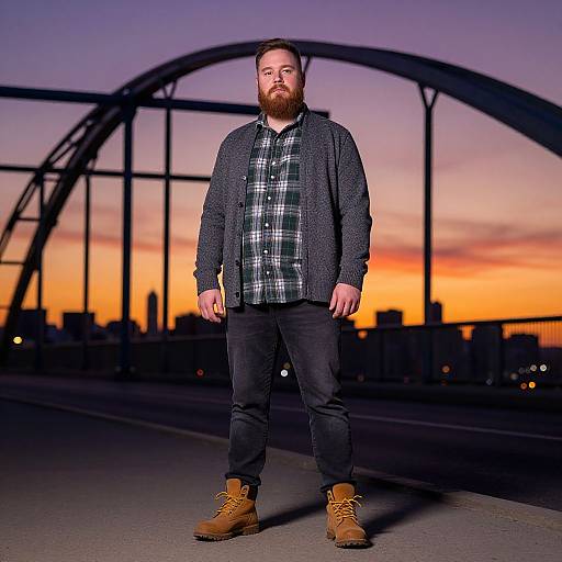 Man Standing on City Bridge at Sunset with Urban Skyline