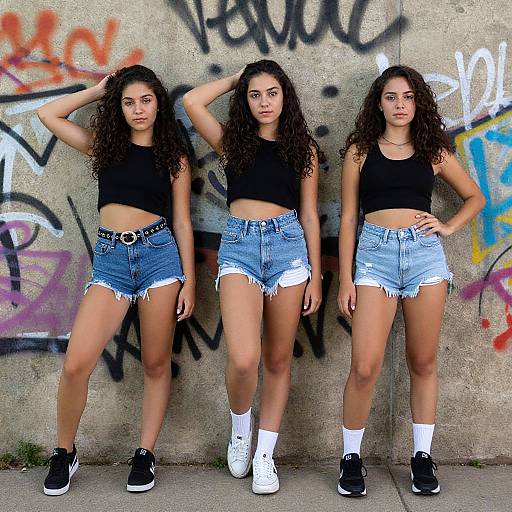 Three Young Women in Denim Shorts and Black Crop Tops Posing by Graffiti Wall