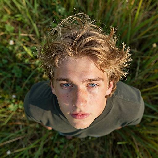 Close-Up Portrait of Blond Young Man with Blue Eyes Outdoors