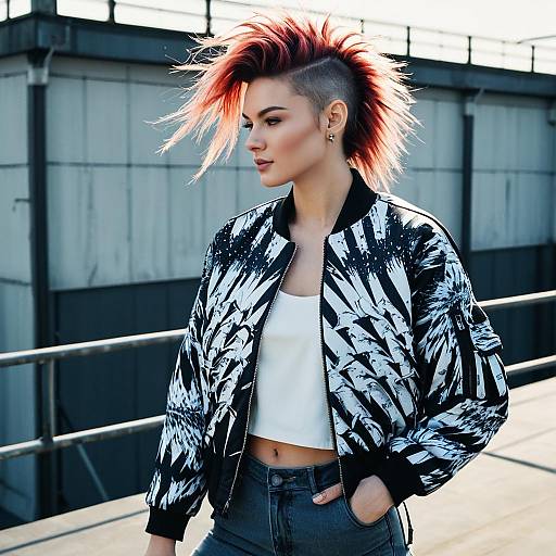 Edgy Young Woman with Pink Mohawk and Patterned Bomber Jacket