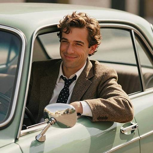 Young Man in Vintage Car Wearing Tweed Jacket and Polka Dot Tie