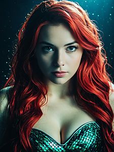 Close-up of Woman in Green Mermaid Costume with Red Hair