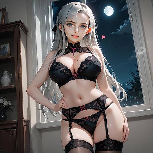 Elegant Anime Woman in Black Lace Lingerie by Moonlit Window Digital Art
